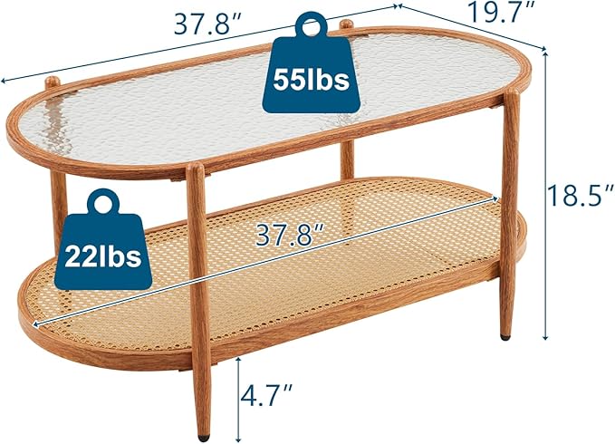 VINGLI 38" Rattan Oval Coffee Table, Water-Wave Glass Metal Center Table - Image 2
