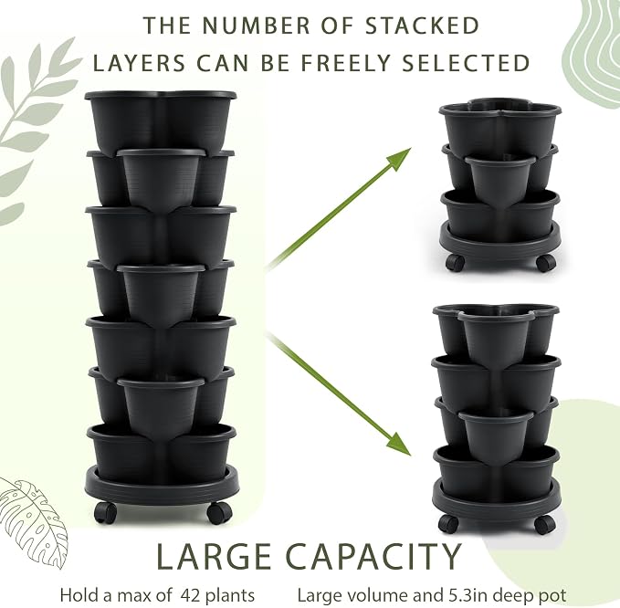 Umigy 2 Set Black 7 Tier Stackable Vertical Planters - Image 5
