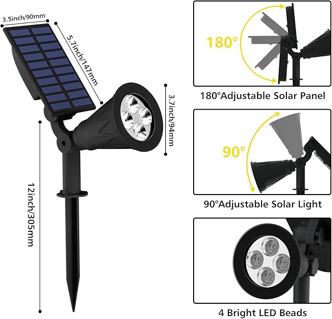 T-SUN Solar Spotlights, 4 LED Solar Powered Landscape Spotlights Waterproof - Image 8