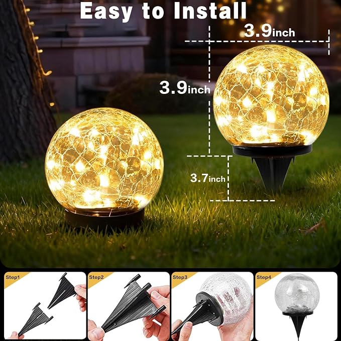 Solar Garden Lights Outdoor Waterproof, 4 Pack 30 LEDs Cracked Glass Ball Light - Image 6
