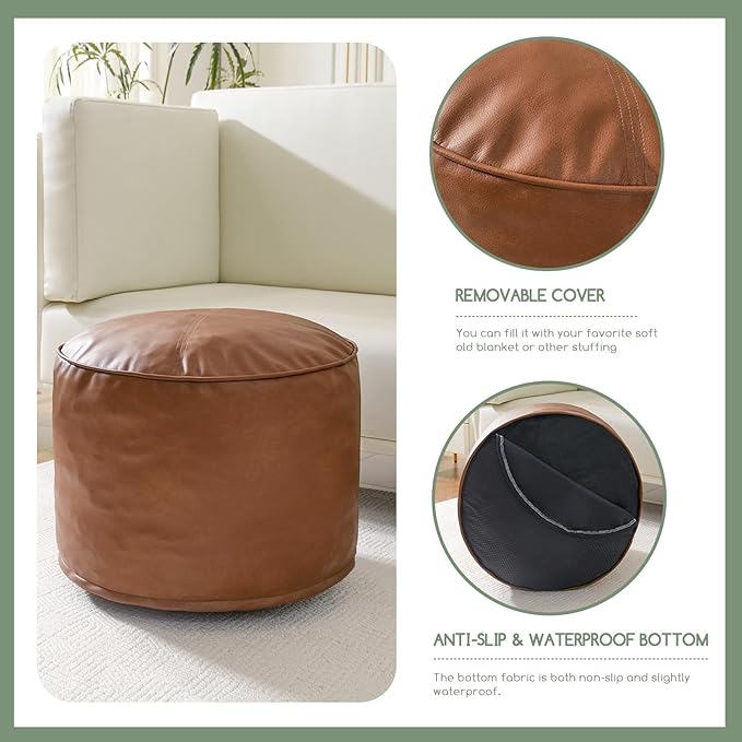 HIGOGOGO Round Stuffed Pouf Ottoman, Pu Leather Poufs - Image 5