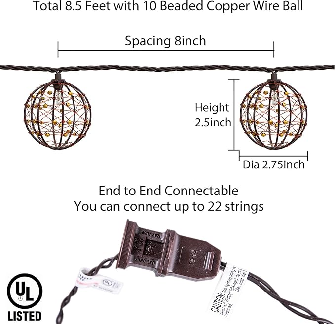 Outdoor Decorative Patio String Lights, Beaded Copper Wire Ball Style Lantern - Image 3