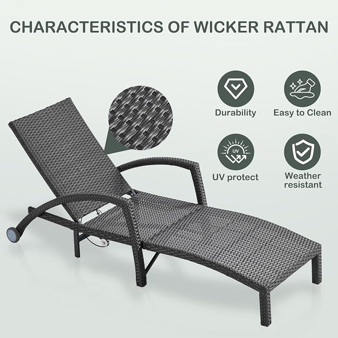 Outdoor Lounge Chairs Set of 2, Wicker Patio Pool Lounge Chair - Image 5