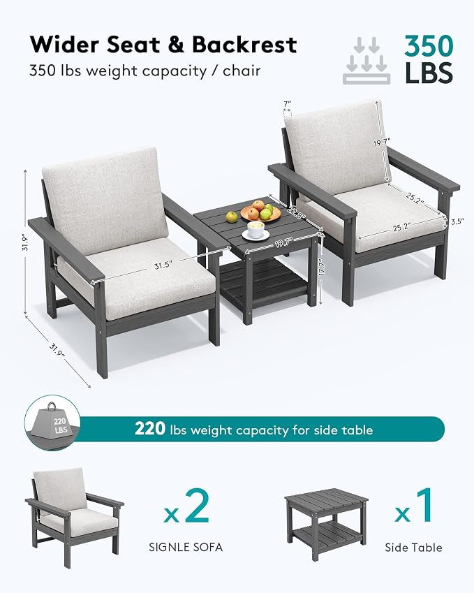 SERWALL HDPE Patio Sofa Set, 3-piece Sectional Outdoor Furniture Set, All - Image 2