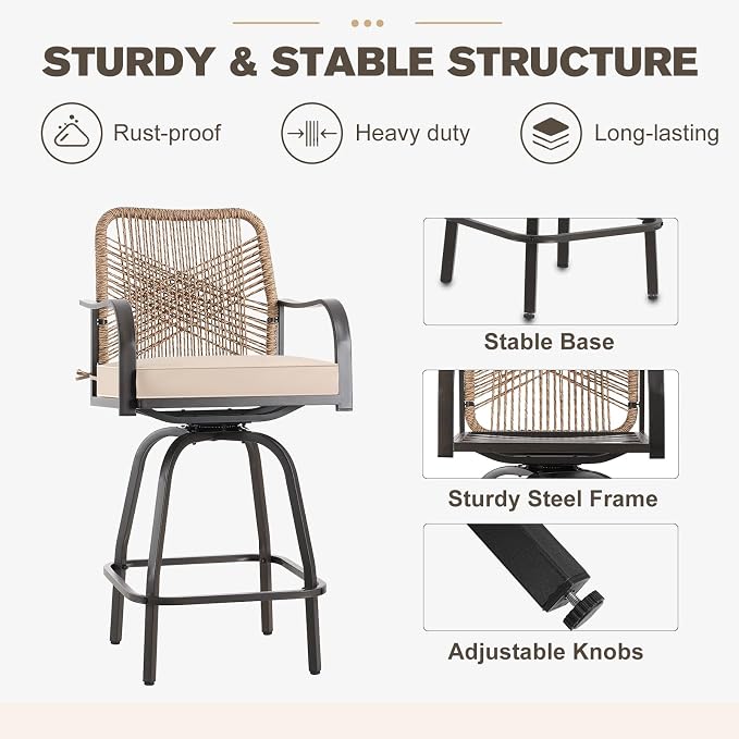 Patio Swivel Bar Stools Set of 4, Outdoor Rattan Height Bar Patio Swivel Chairs - Image 6