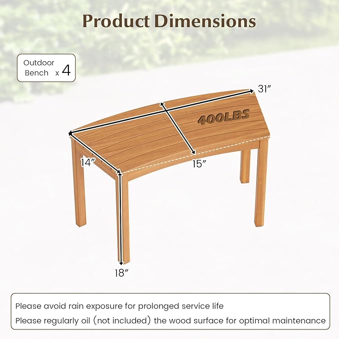 Tangkula Acacia Wood Outdoor Curved Bench Set of 4, Patio Garden Backless Fire - Image 2