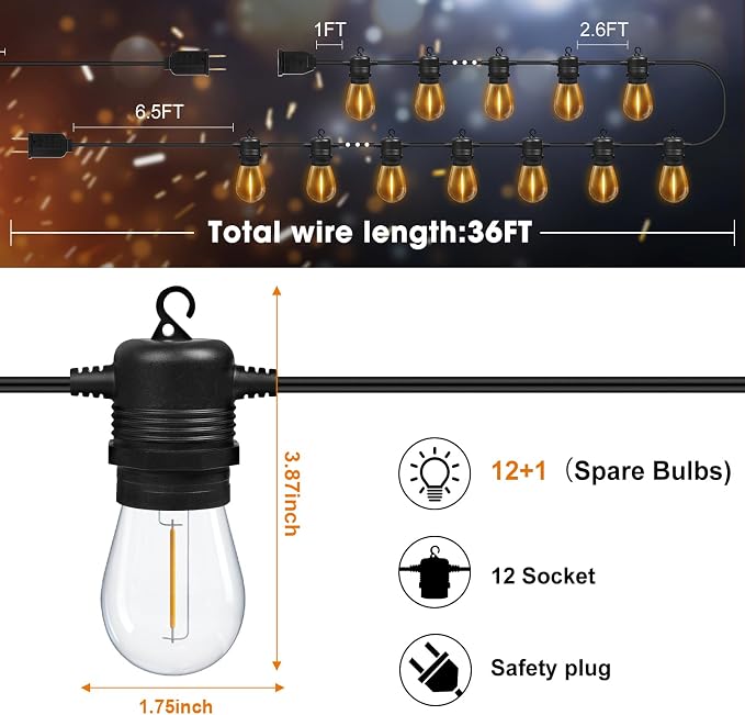 LED Outdoor String Lights 36FT Patio Lights - Image 6