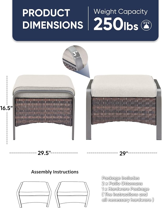 HUMMUH 2 Pieces Outdoor Wicker Ottomans-Outdoor Patio Ottoman - Image 3