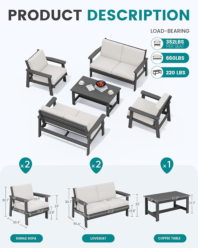 SERWALL HDPE Patio Furniture Set, 5 Piece All Weather Wood-Like Sectional - Image 3