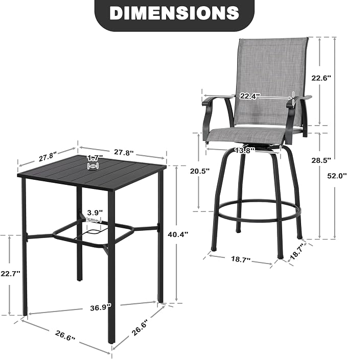 NUU GARDEN 3-Piece Outdoor Swivel Bar Set, All-Weather Textilene High Bistro - Image 7