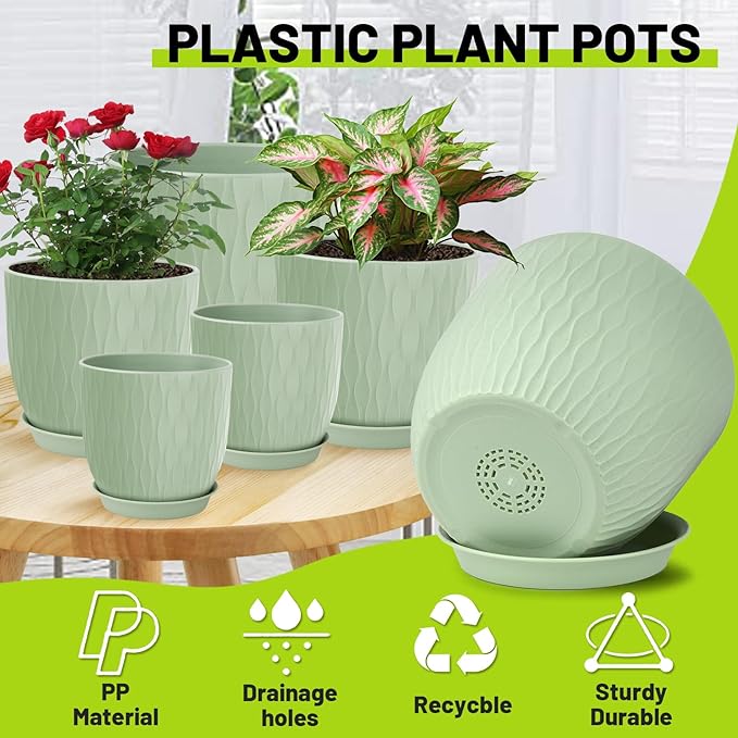 Plastic Plant Pots 10/9/8/7.5/7 inch Set of 5, Flower Planters - Image 3