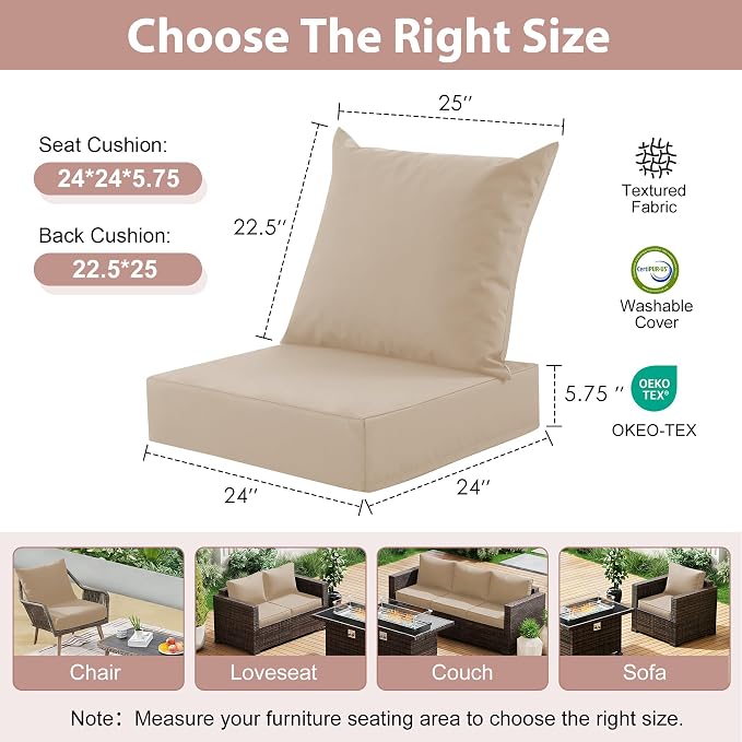 Outdoor Deep Seat Cushion Set, 24x24 Inch Water-Resistant & Fade-Resistant - Image 2
