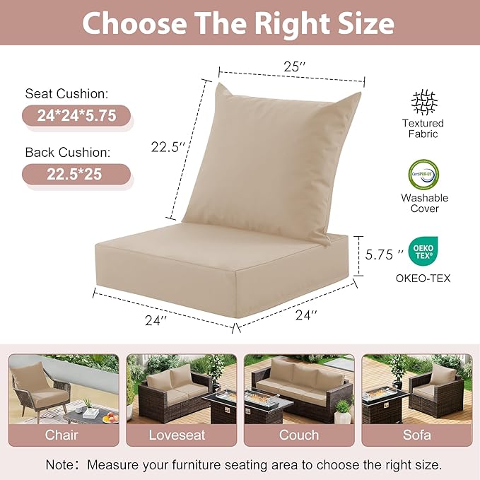 Outdoor Deep Seat Cushion Set, 24x24 Inch Water-Resistant & Fade-Resistant - Image 2