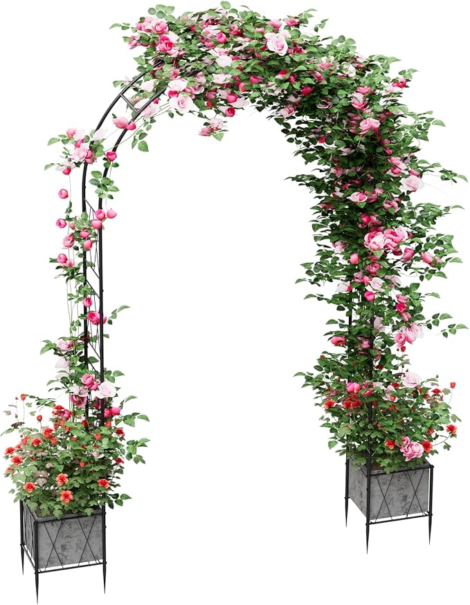 Garden Arch Arbor Trellis with Planter Boxes 8.2 Ft Metal Arch Trellis by OYEAL