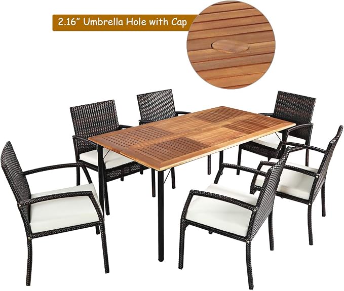 Tangkula 7 Pieces Patio Dining Set, Acacia Wood Wicker Dining Furniture Set - Image 8