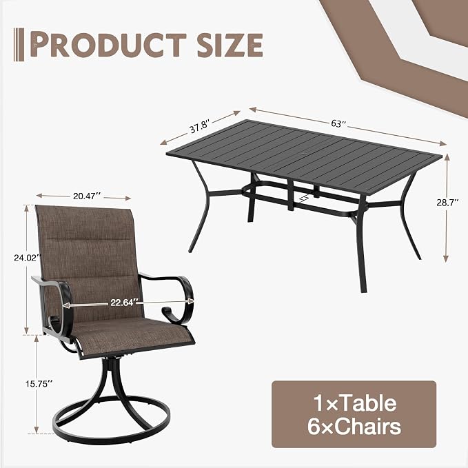 MELLCOM 7-Piece Outdoor Dining Set, 6 Swivel Rocker Chairs - Image 8