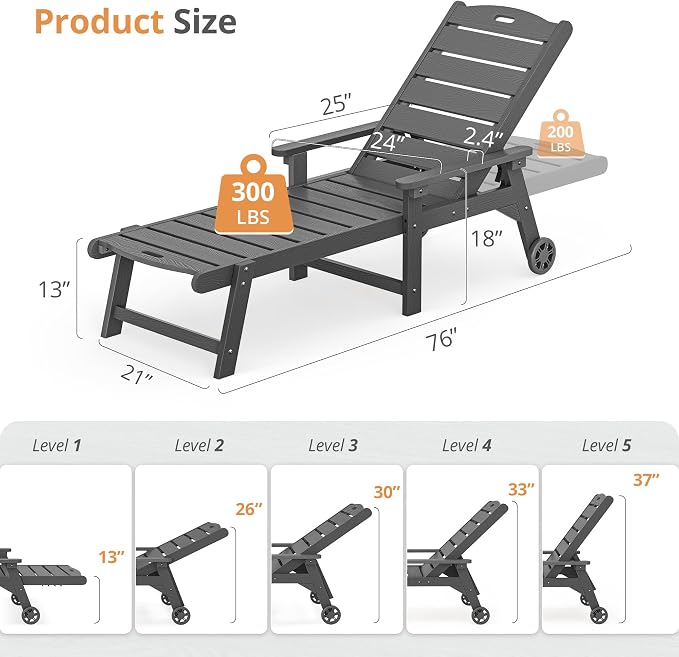 LUE BONA Outdoor Chaise Lounge Chairs Set of 2, HDPS Chaise Lounger, 5 - Image 2