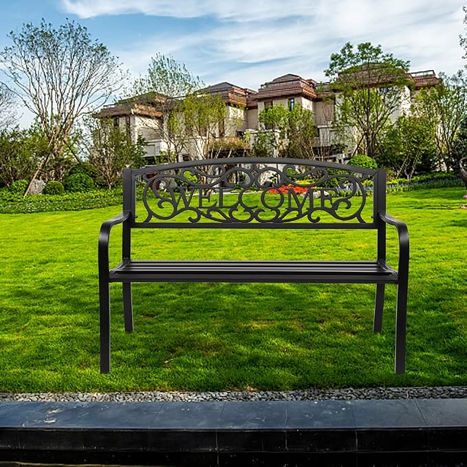 50in Outdoor Garden Park Bench, Outdoor Metal Porch Benches, Weatherproof Patio - Image 7