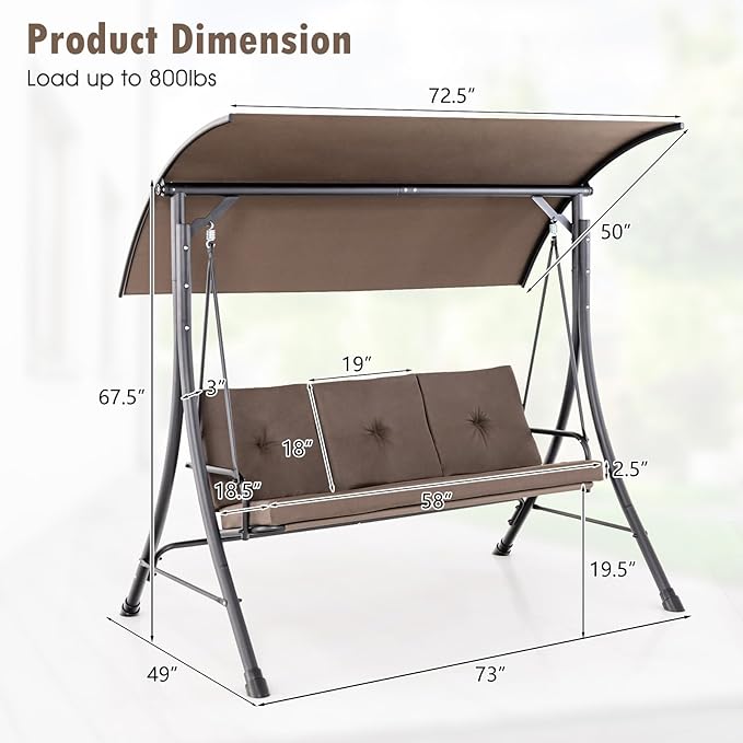 Tangkula 3 Person Porch Swing, Outdoor Swing - Image 4