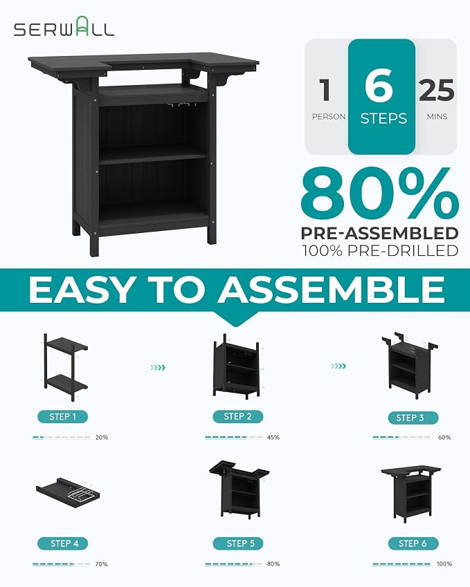 SERWALL Outdoor Bar Table Set – HDPE Black Patio Bar Cabinet - Image 7