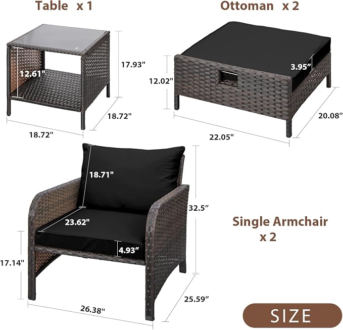 LEVELEVE Balcony Furniture 5 Piece Patio Conversation Set, PE Wicker Rattan - Image 3