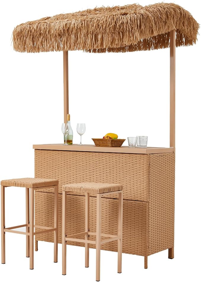 HOMREST Outdoor Tiki Bar Set, 3 Pieces Wicker Patio Bar Set w/2 Height Stools - Image 9