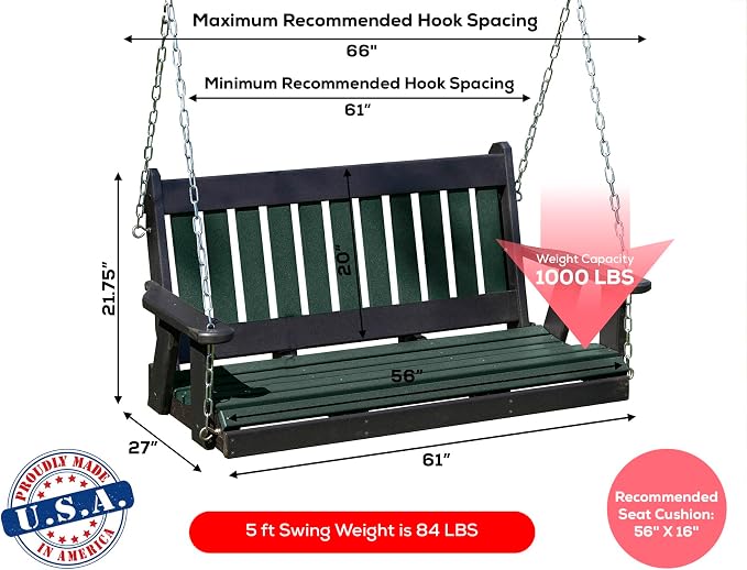Mission Poly Lumber Wood 5FT Porch Swing Amish Craftsmandship Made in USA HDPE - Image 2