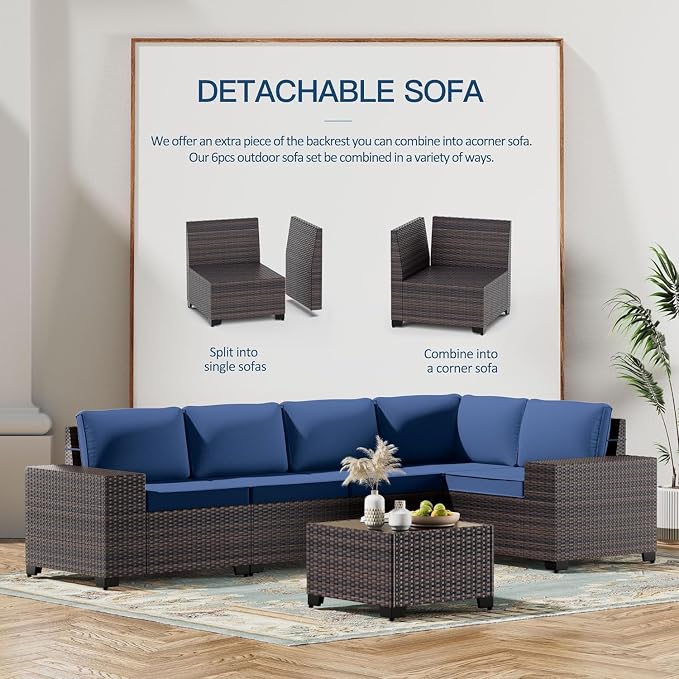 Kullavik Outdoor Patio Furniture Set 6 Pieces Sectional Rattan Sofa Set Brown - Image 6