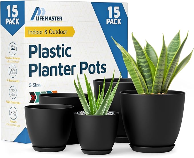 Black Plant Pots with Drainage Holes & Saucers 15 Pack, Indoor & Outdoor by LIFEMASTER