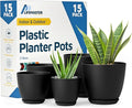 Black Plant Pots with Drainage Holes & Saucers 15 Pack, Indoor & Outdoor by LIFEMASTER