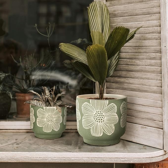 YBX 8 Inch + 6 Inch White Flower Pattern Plant Pots, Sand Glazed Ceramic Planter - Image 3