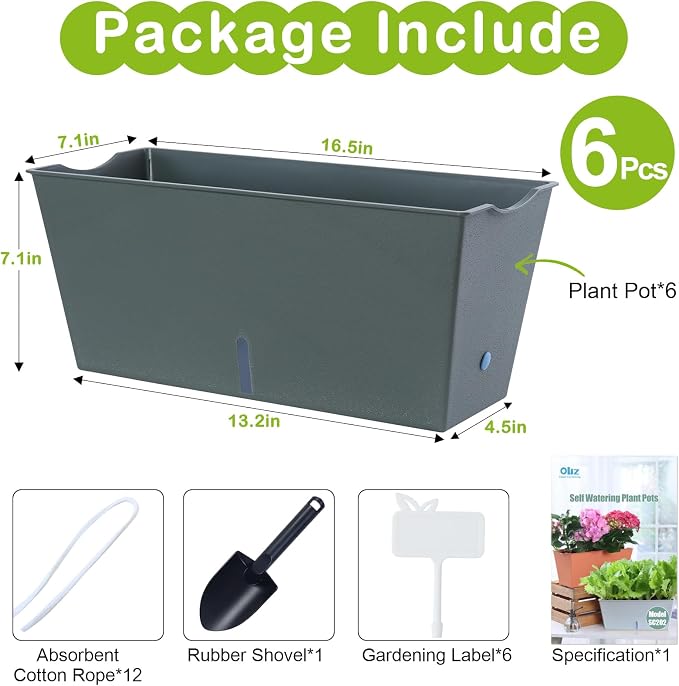 Window Box Planter 6 Pcs, 16.5 Inches Self Watering Rectangle Flower Plant Pots - Image 6