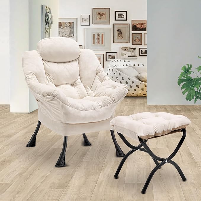 Lazy Chair with Folding Ottoman, Leisure Sofa Chair, Soft Fabric Armchair with - Image 2