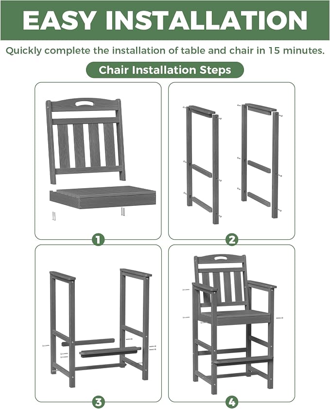 Outdoor Patio Bar Height Chair, All-Weather HDPE Tall Balcony Adirondack Stools - Image 5