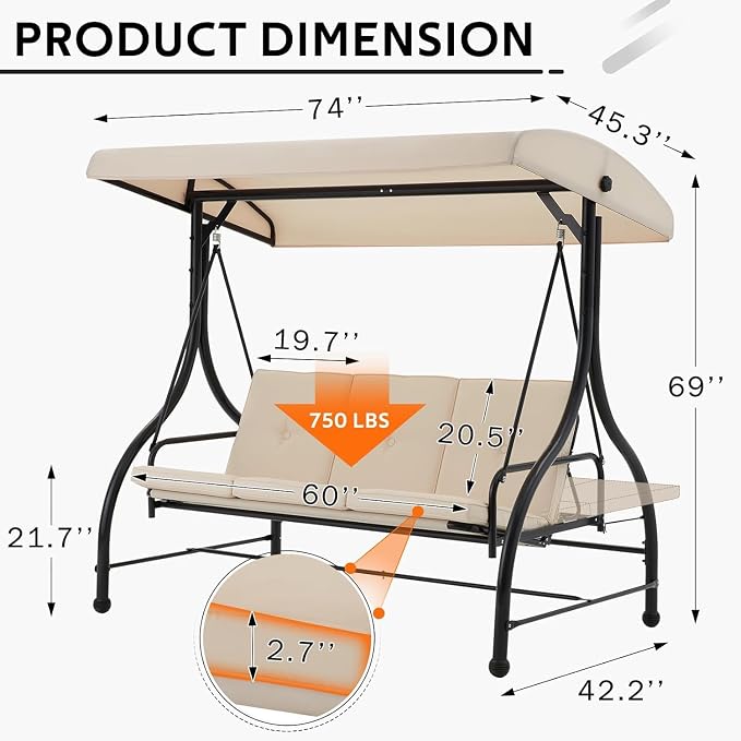 U-MAX Porch Swing with Cover, Patio Swing with Adjustable Backrest&Canopy 3 - Image 3