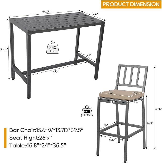 Outdoor Patio Bar Set, Bar Height Patio Dining Set, Weather-Resistant Bistro - Image 6