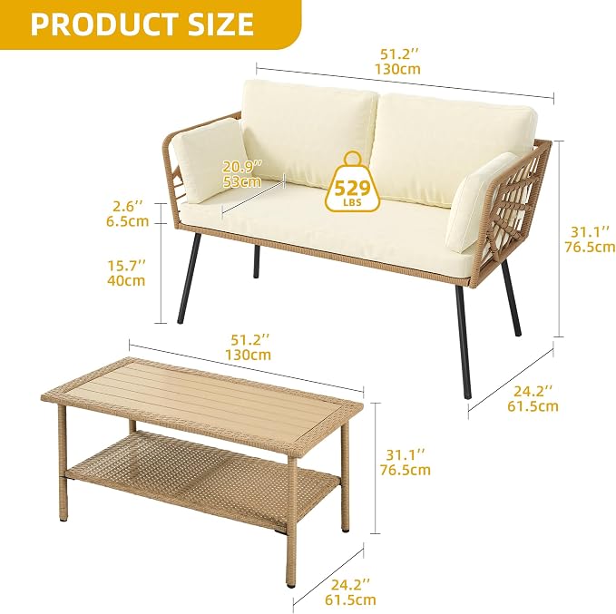 DWVO 2 Pieces Patio Furniture Set, All-Weather Wicker Rattan Loveseat - Image 4