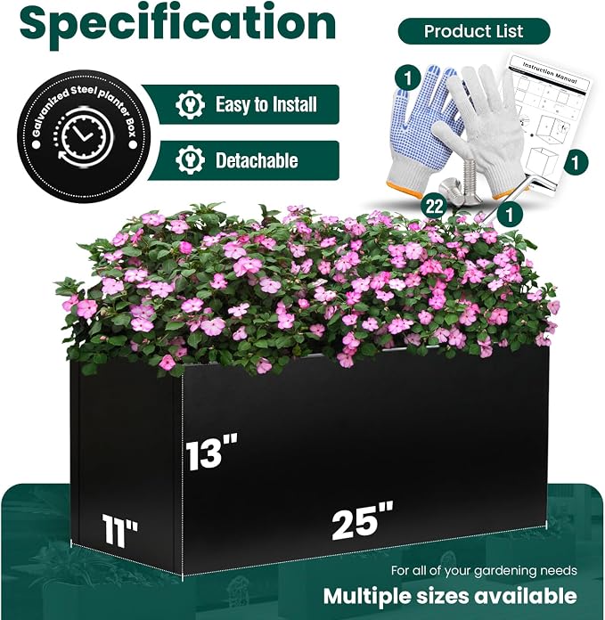 Galvanized Steel Metal Planter 25" L x 11" W x 13" H Rectangular Indoor Black - Image 3