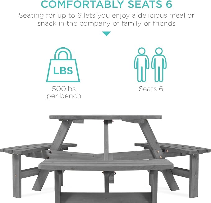 Best Choice Products 6-Person Circular Outdoor Wooden Picnic Table - Image 4