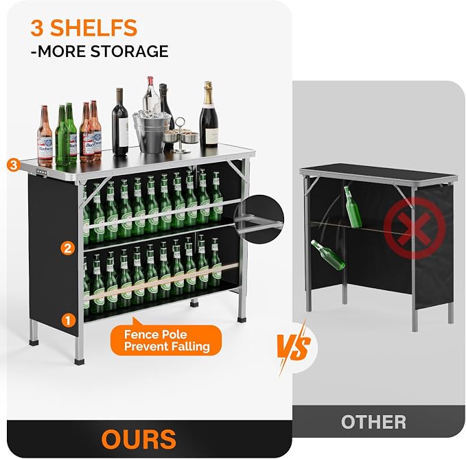 VINGLI 43" Portable Bar Table, 3-Tier Shelves, Carry Bag，Mobile Bar Table - Image 4