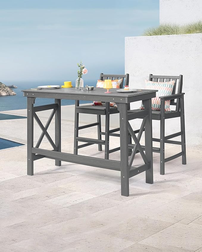 3 Pieces HDPE Outdoor Patio Bar Set, Rectangular Bar Height Table and Chairs Set - Image 2