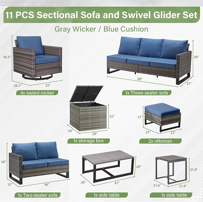 Belord Spacious 11 Pieces Patio Conversation Set - Image 2
