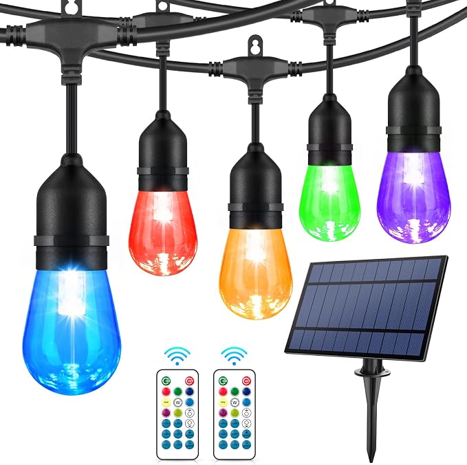 48FT Solar Outdoor RGB String Lights, 15+3 Waterproof Shatterproof LED Bulbs by WENFENGOutdoorStringLights