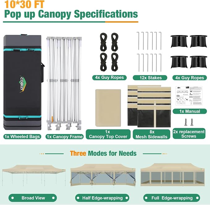 COBIZI 10x30 Canopy Tent, Heavy Duty Pop up Canopy - Image 4