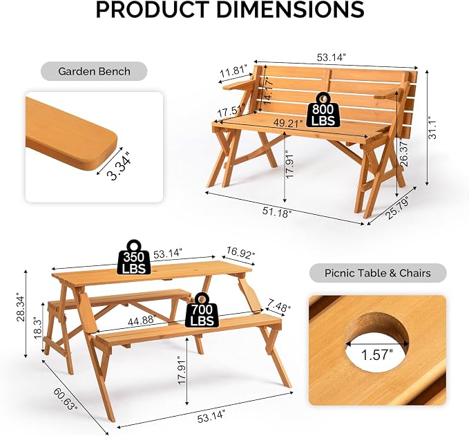 VINGLI 2-in-1 Outdoor Wooden Picnic Table and Bench Set - Image 2