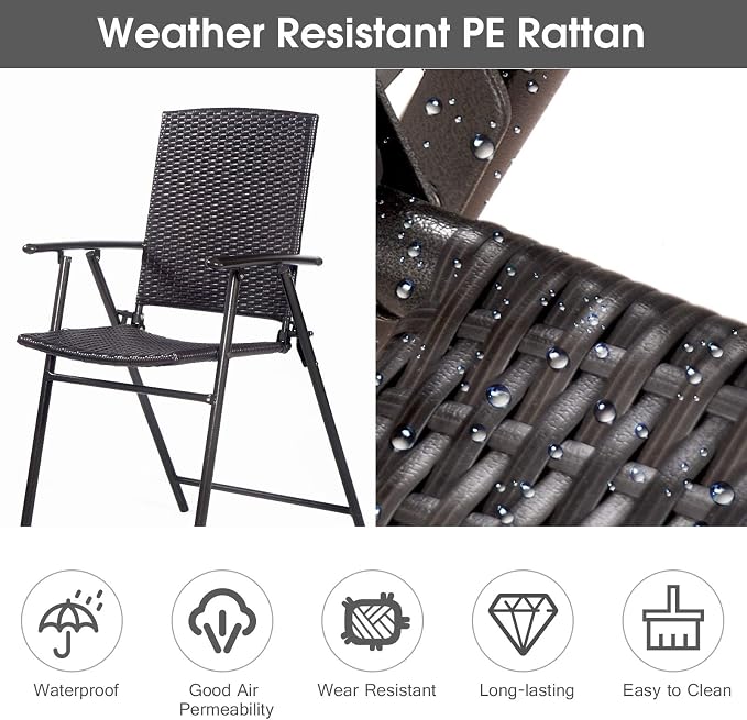 LUARANE Folding 4 Pieces Wicker Rattan Chairs, Tall Bar Stool Set - Image 6