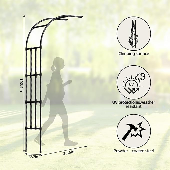 Half Garden Arch Trellis, 1.97FT×8.53FT Metal Black Outdoor Arbor - Image 2