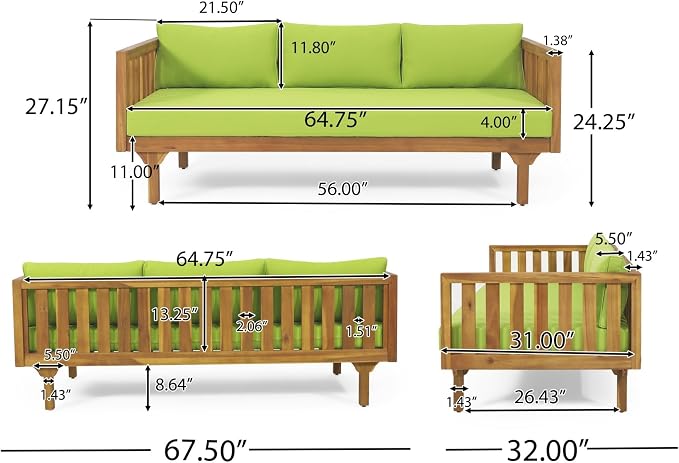 Merax Outdoor 3 Seater Daybed, Acacia Wood Day Bed Couch Sofa - Image 3