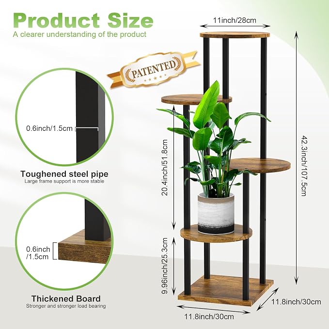 5 Tier Wood Tall Plant Stand Metal Rack Indoor, Round Planter Shelf Display - Image 2