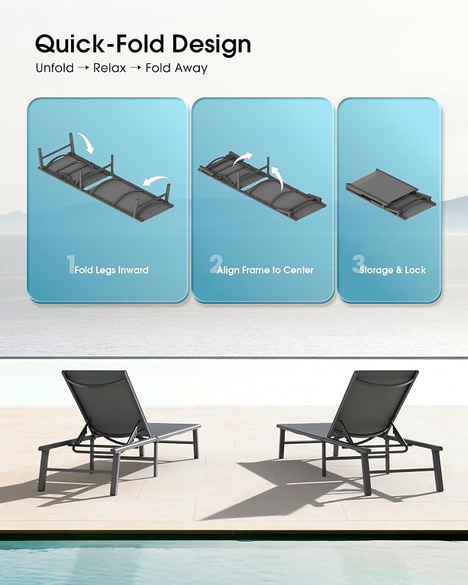 Ciokea Foldable Outdoor Lounge Chair Set of 2, No Assembly Aluminum Chaise - Image 3